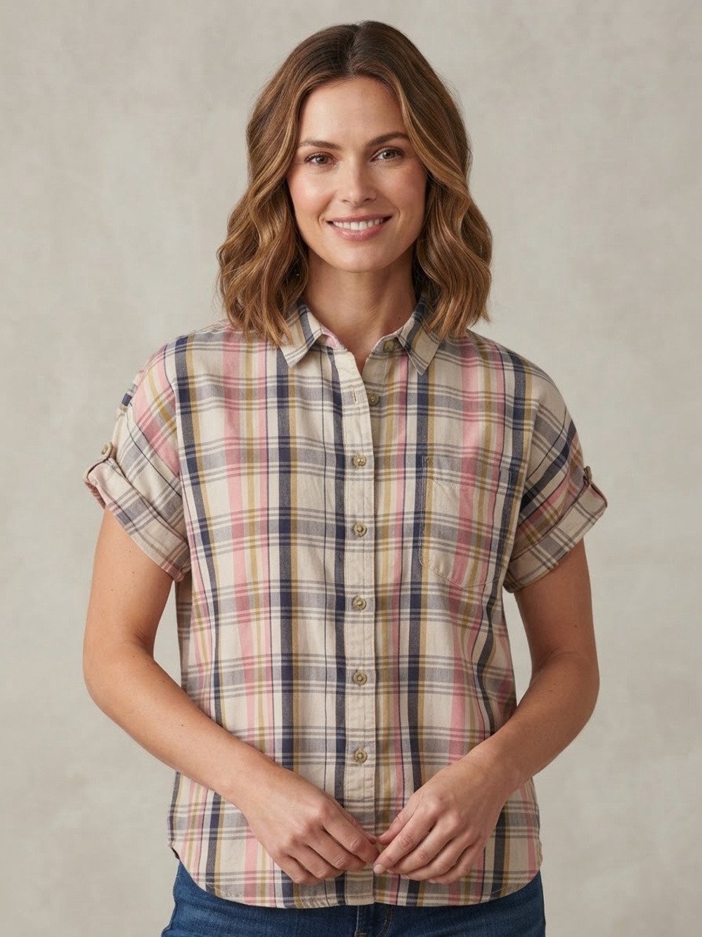 Riders for Lee Plaid Short-Sleeve Button-Front Shirt in Pink, Cream & Navy